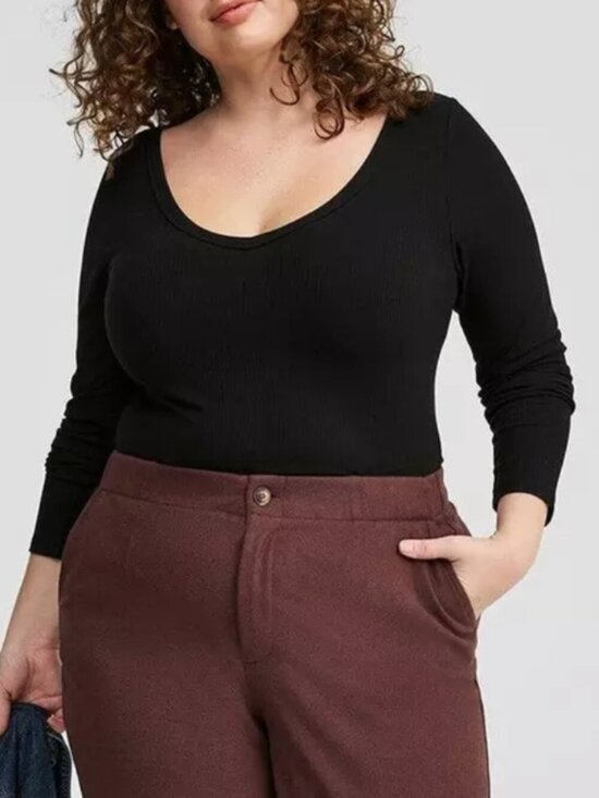 torrid Tops - TORRID 1 Plus Size Ribbed V-Neck Top Solid Black Rib Long Sleeve Fitted Shirt 1X
